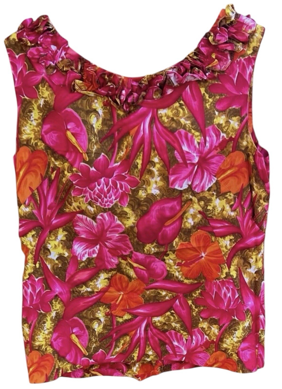 Women’s Flowered – Ruffled Top – Homemade- Tiki Party! Tropical Vintage Outfit