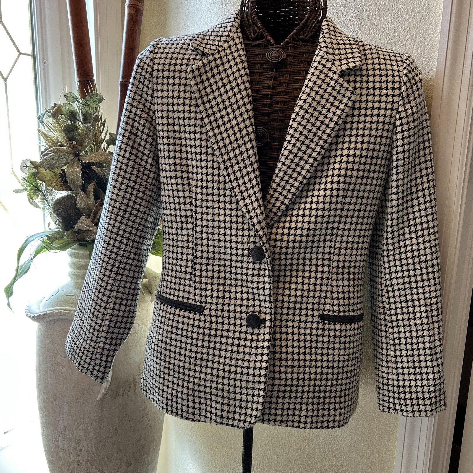 Houndstooth Black & White Blazer Jacket Vintage Joan Leslie 14 Petite