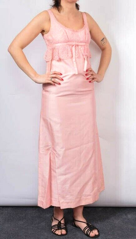 JEAN VARON pink column lace silk prom maxi dress VTG Size 12 Empire line 1960&rsquo;s
