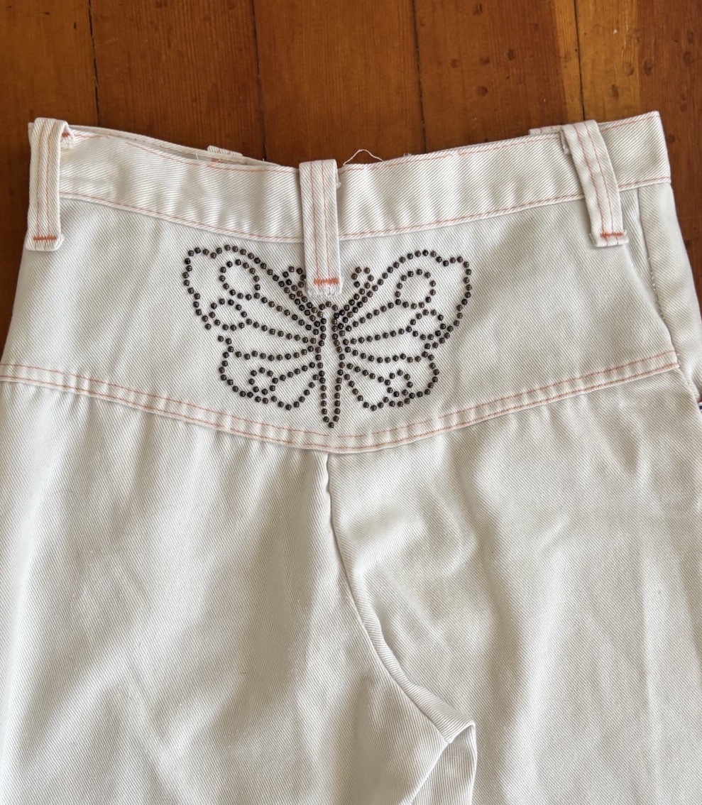 Womens 70s Denim Jacket Bell Bottom Pant Set Embroidered Vintage