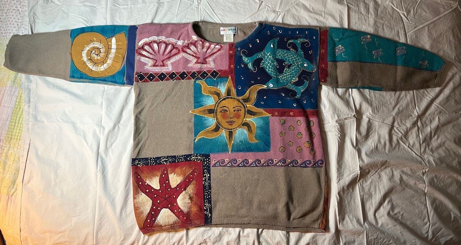 Vintage 90s Kolorway Art To Wear Sweater Hand Painted Sun Starfish Size 2
