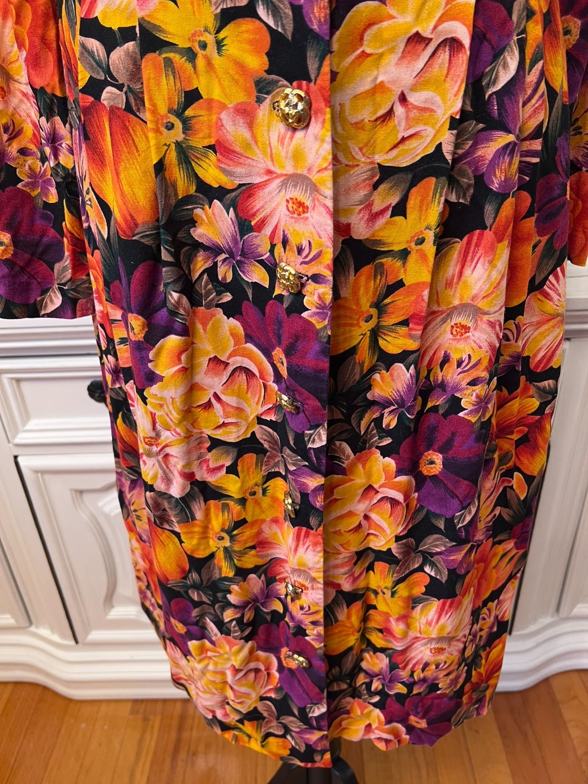 Vintage Special Effects Orange Floral Long Sleeve Dress Size 10, fits M or 6-8