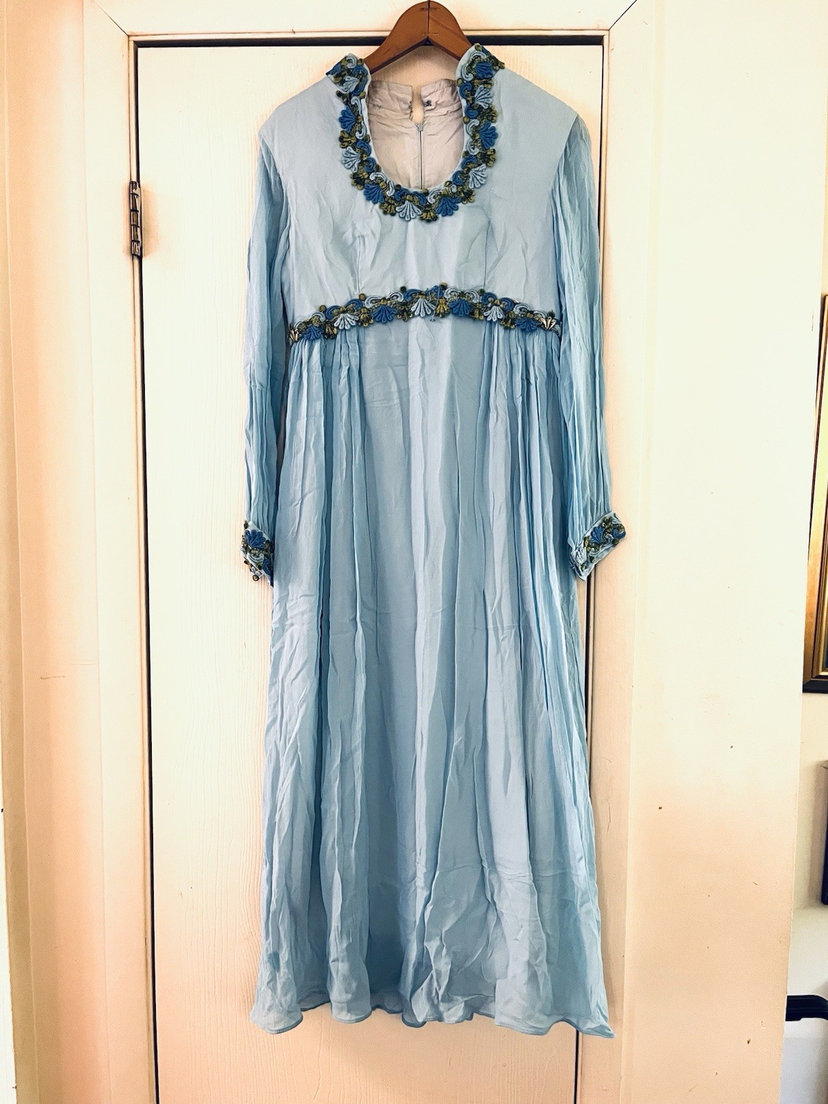 VTG 60s Prom Renaissance Embroidered Hippie Silk Chiffon Babydoll Maxi Dress