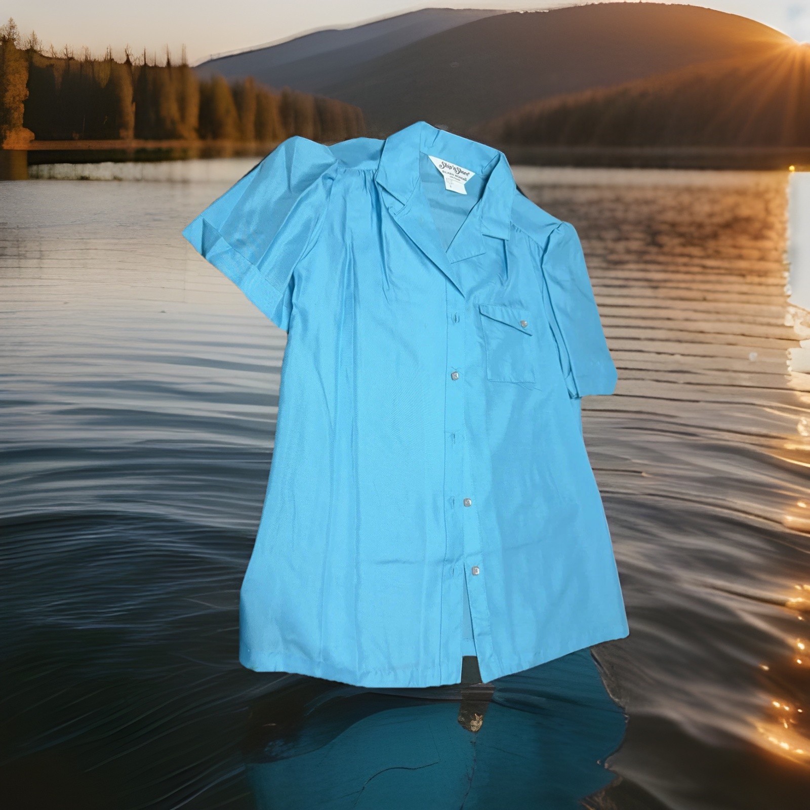 VTG 70s Ship &lsquo;n Shore Blue Silken Wonder Blouse Retro Short Sleeve Sz 8 NOS