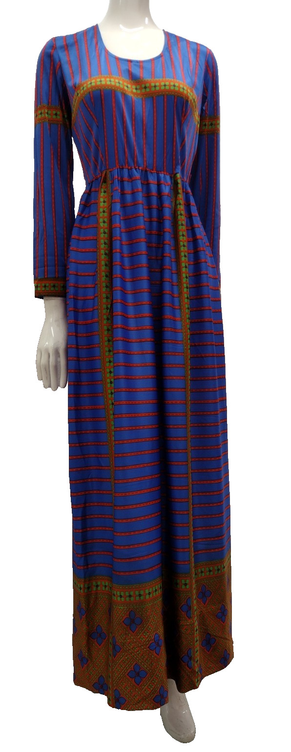 60S 70s Geometric Maxi Dress Blue Multicolor Designer SAKS Leonard Tuttman Small