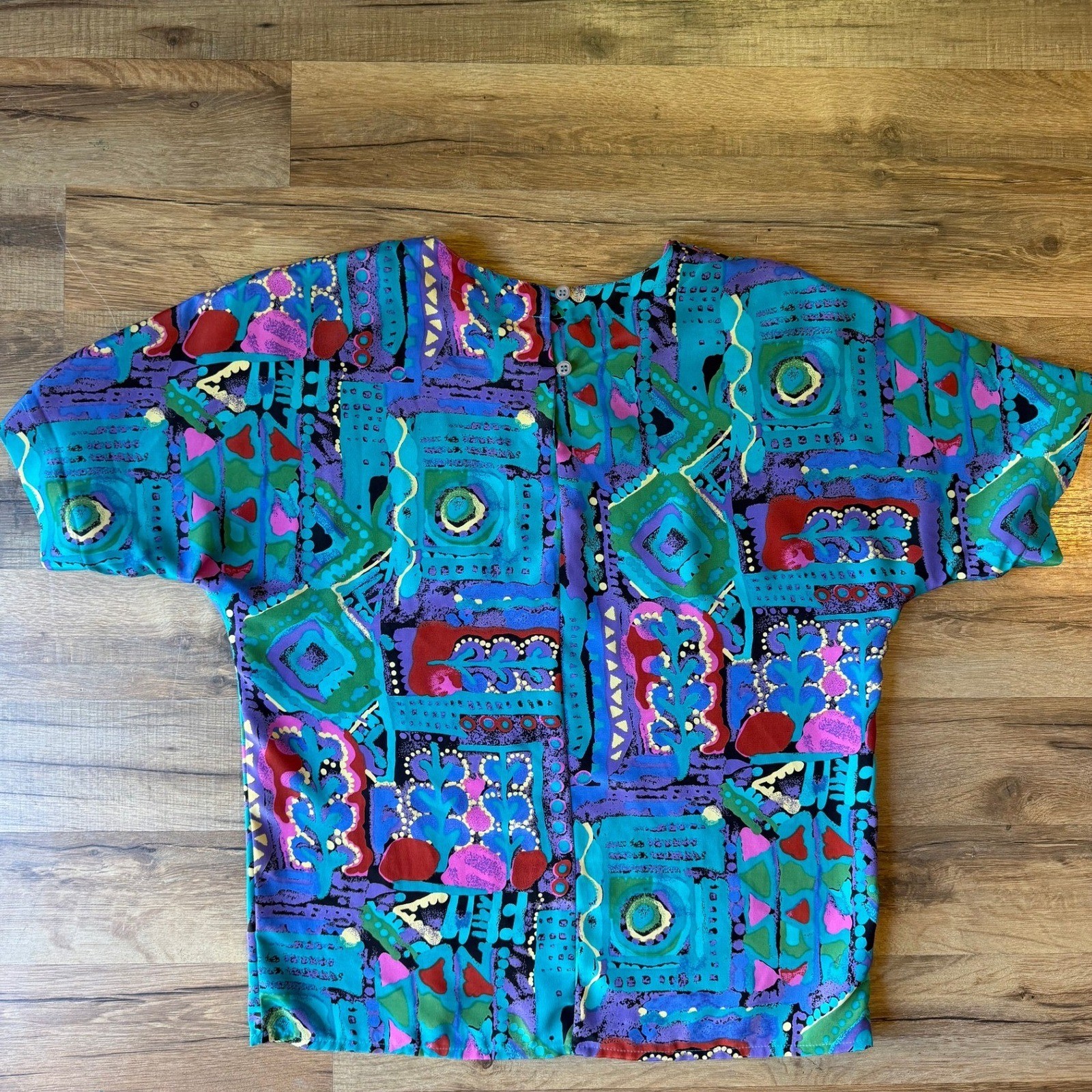 Vintage Blouse Multicolor Abstract Geometric Button Back 80s 90s Crop Top Indie