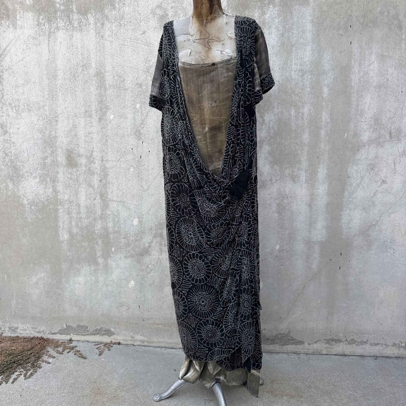 Antique 1920s Completely Beaded Flower Gown Silver Lamé Full Length Dress VTG