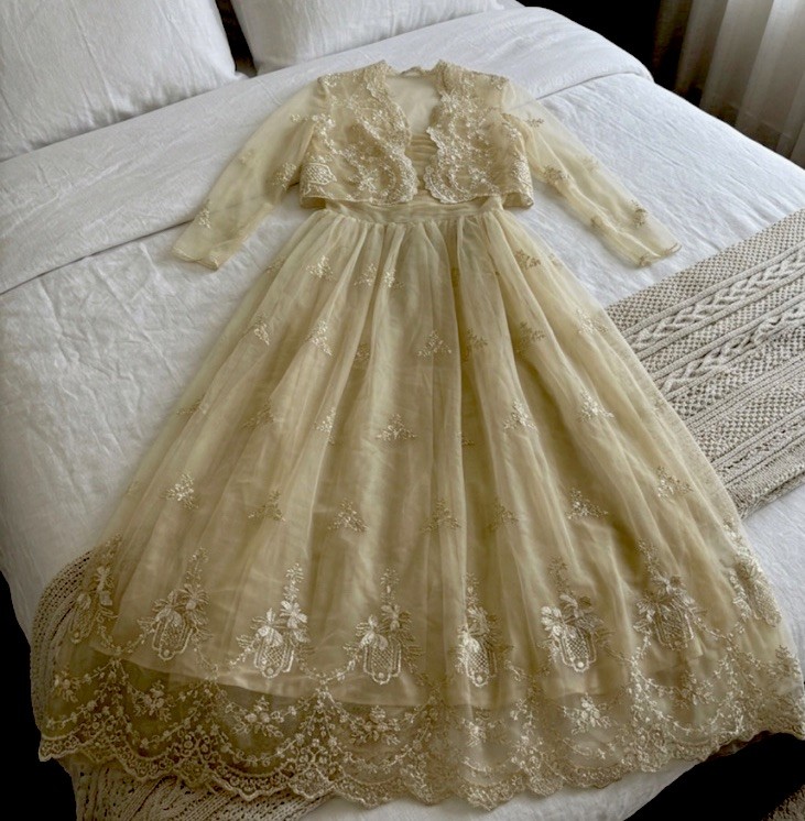 Vintage 70s Fred Firand Ivory Lace Tulle Maxi Dress France DM Bridal Ethereal