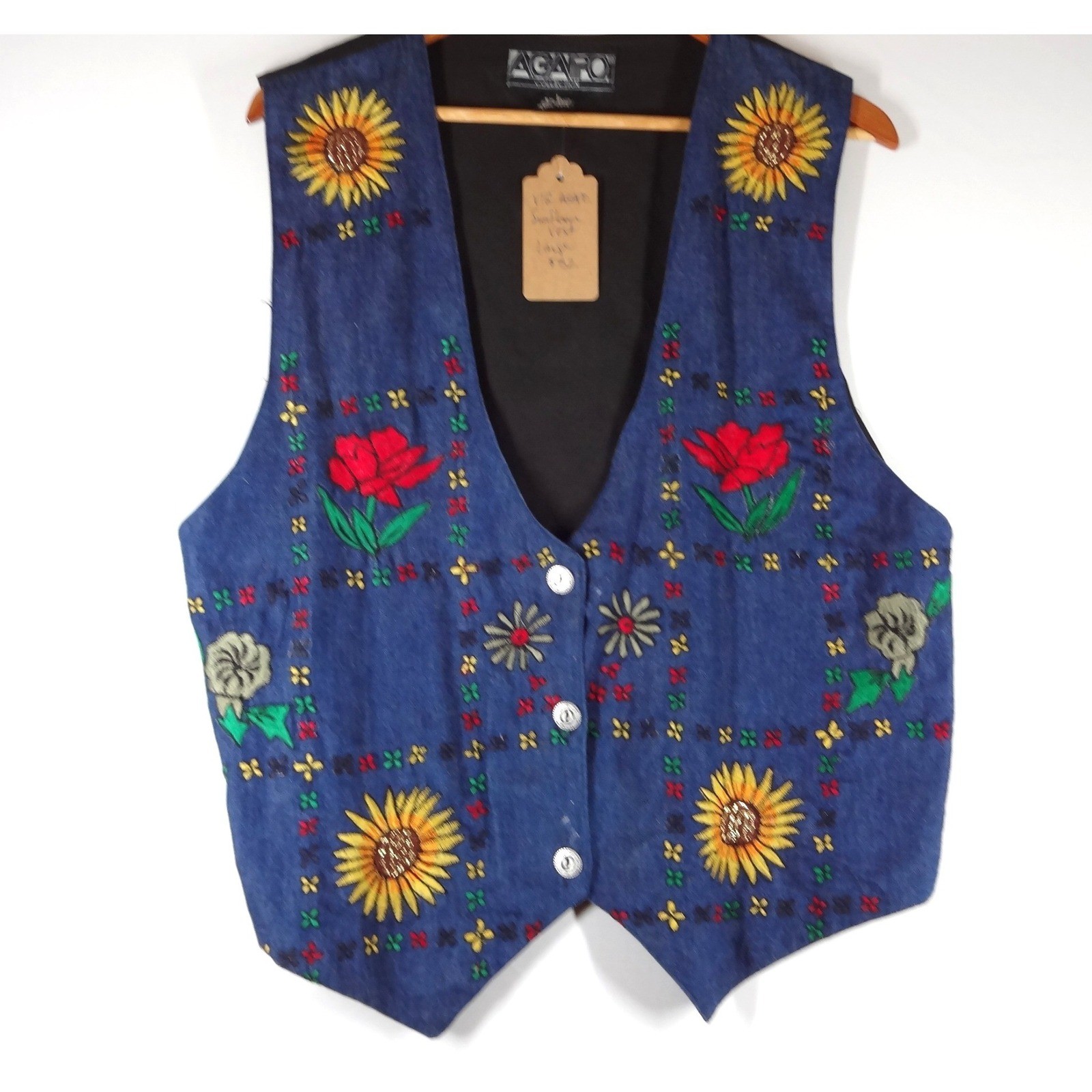 VTG Agapo Floral Embroidered Vest Womens Large Blue Sunflower Boho Art Teacher