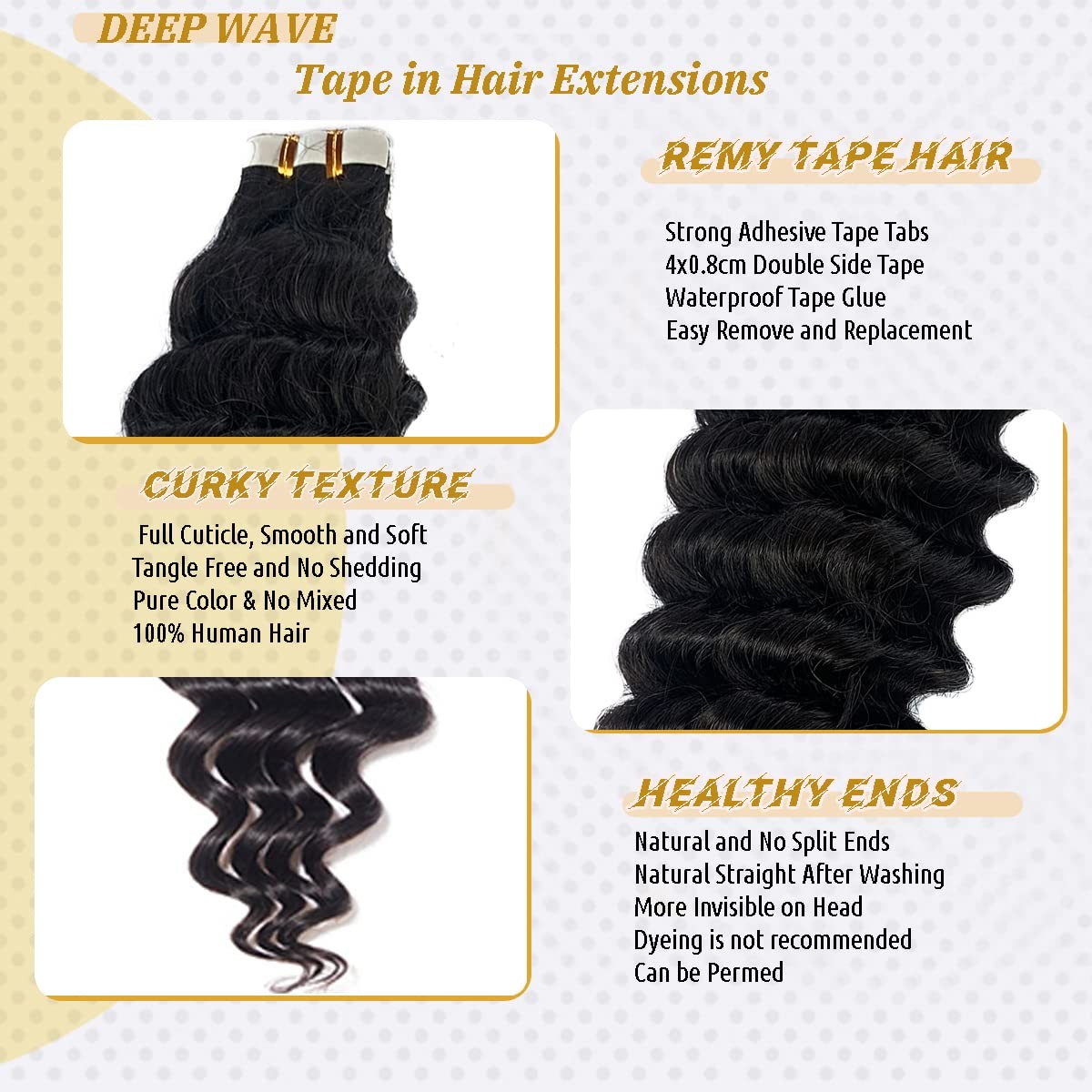 Deep Wave Tape-in Human Hair Extensions Remy Curly Skin Weft Brazilian