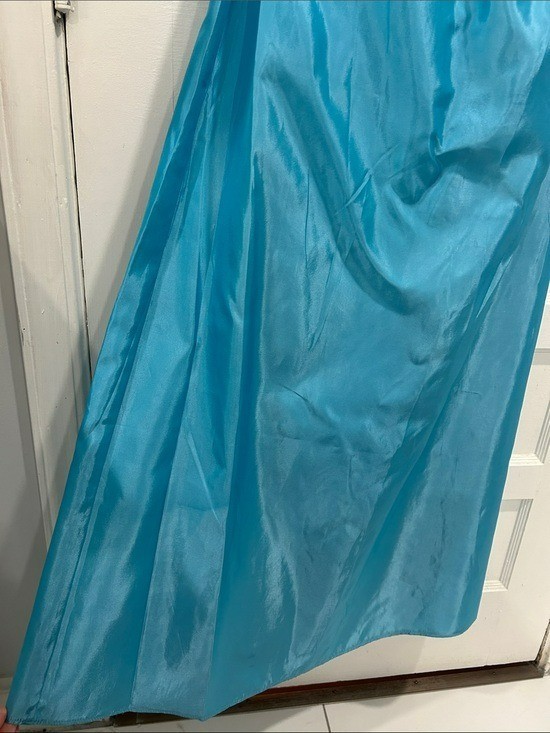 Vintage Jessica McClintock for Gunne Sax Strapless Aqua Iridescent Maxi Gown 5/6