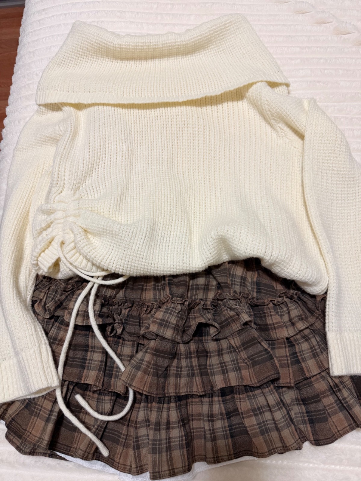 Cream Off-Shoulder Knit Sweater & Brown Plaid Ruffle Skirt Set