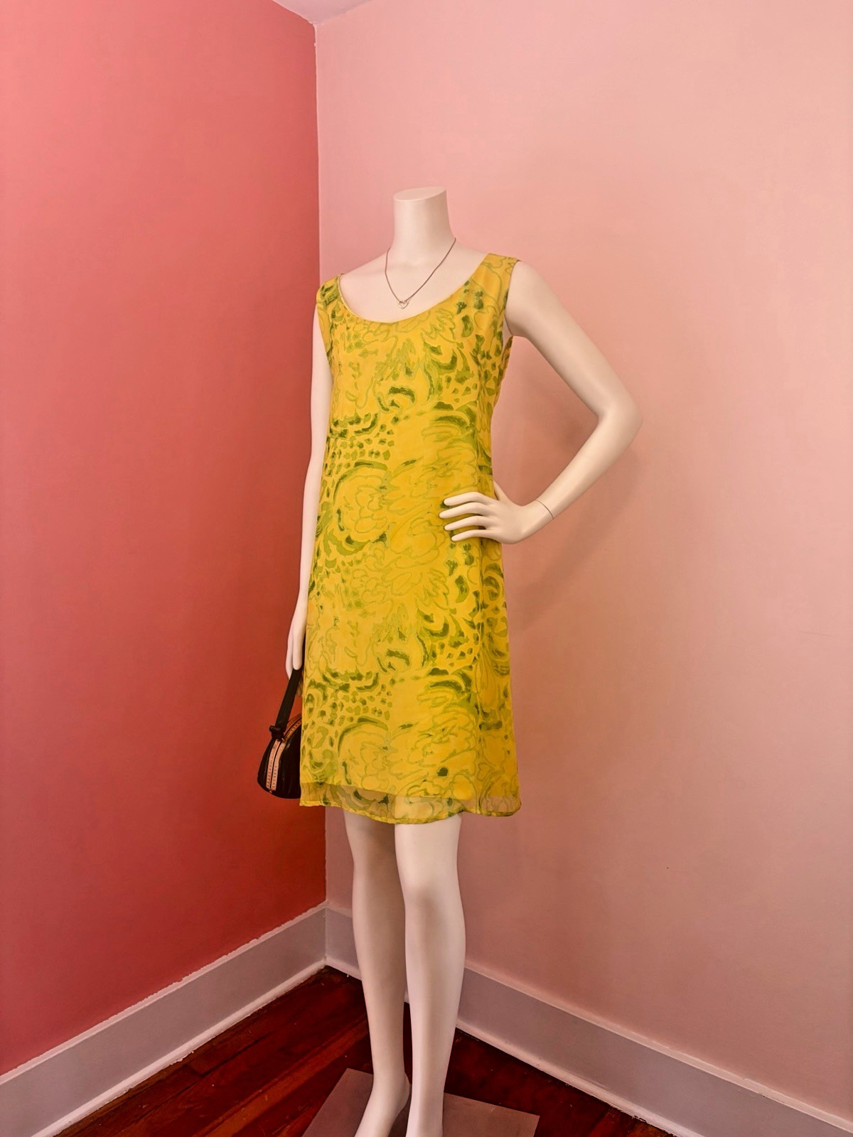 VTG 60s Mod Shift Dress abstract Yellow Green Floral Print chiffon A-Line S/M