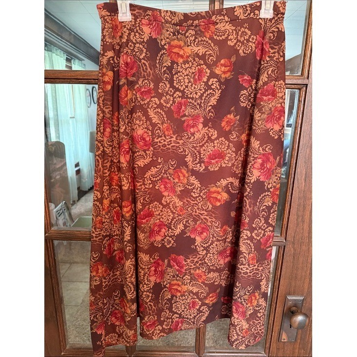 Karin Stevens Vintage Floral Damask Leopard Print Midi Skirt Burgundy Rust Sz 14
