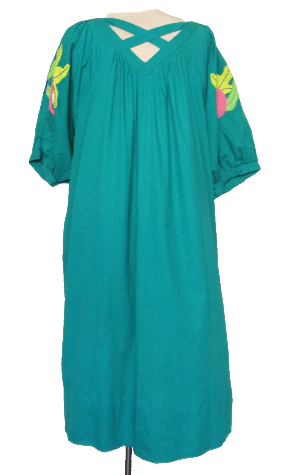 Vtg Penchant Dress Caftan M/L Women Teal Green Cotton Seascape Shell Embroidery