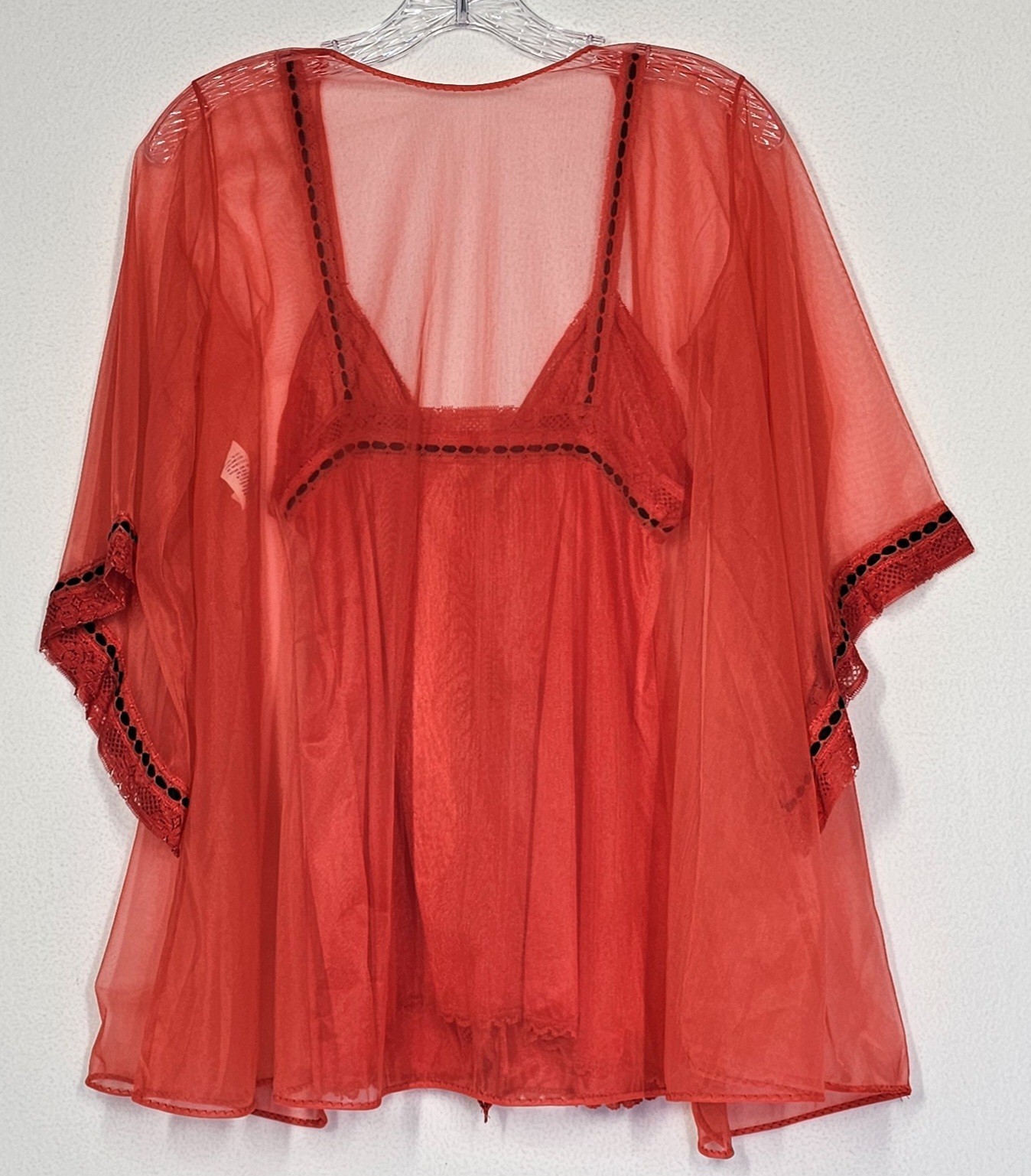 Vtg Pandora 2 Pc Sheer Peignoir Set Red Black Chiffon Small Babydoll Negligee