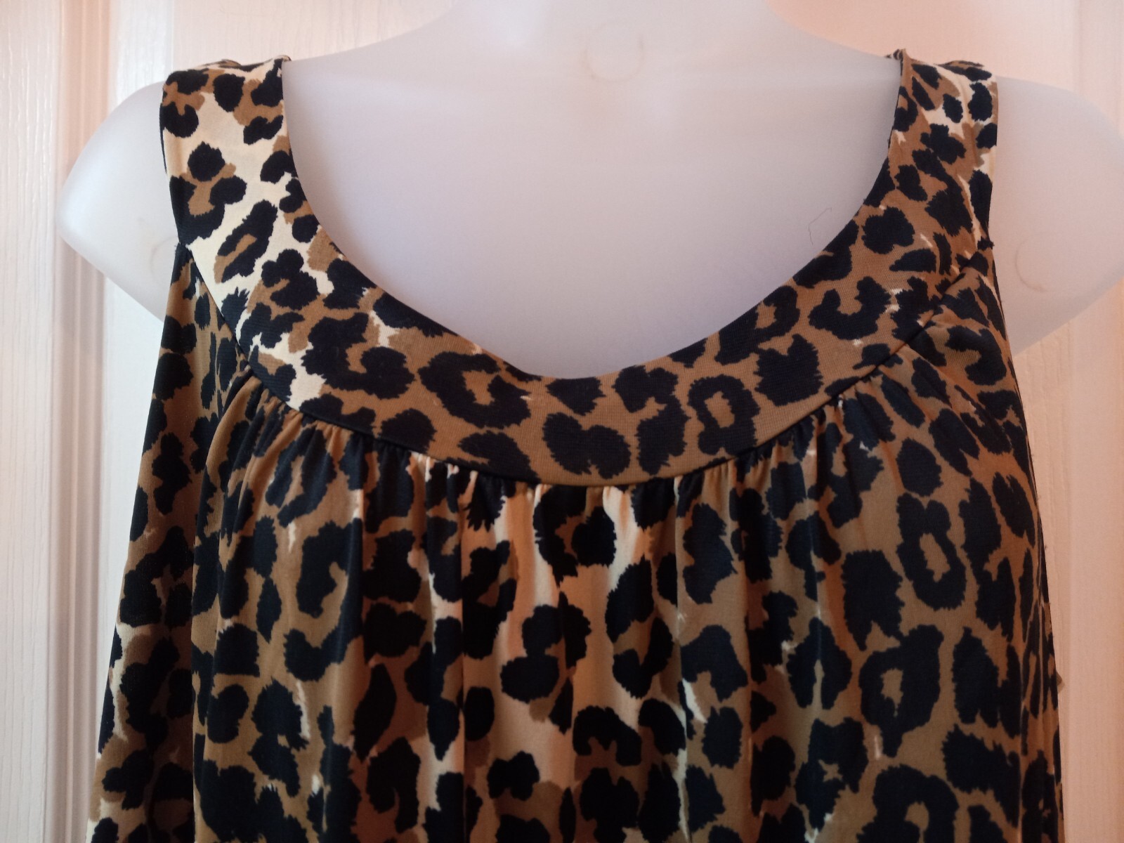 Vintage 60s Leopard Nylon High Collar Sleeveless Muumuu Nightgown Tiki Oasis L