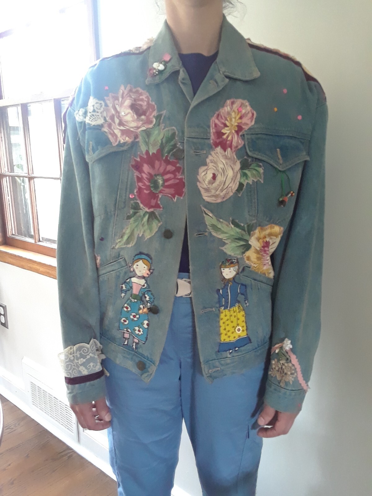 80s BoHo Embellished Jean Jacket Flowers Figures Trinkets Lace by Lilla