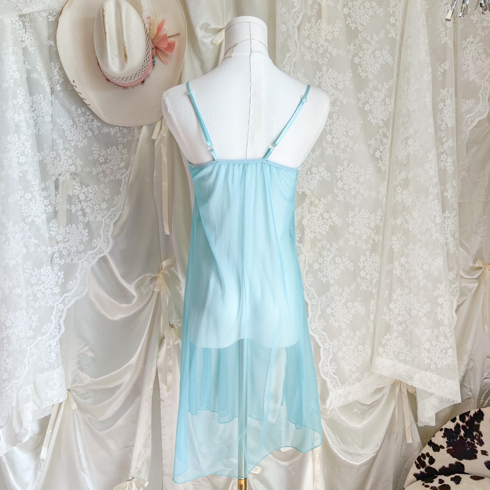 Powder Blue Lace Babydoll Slip Dress with Chiffon Skirt