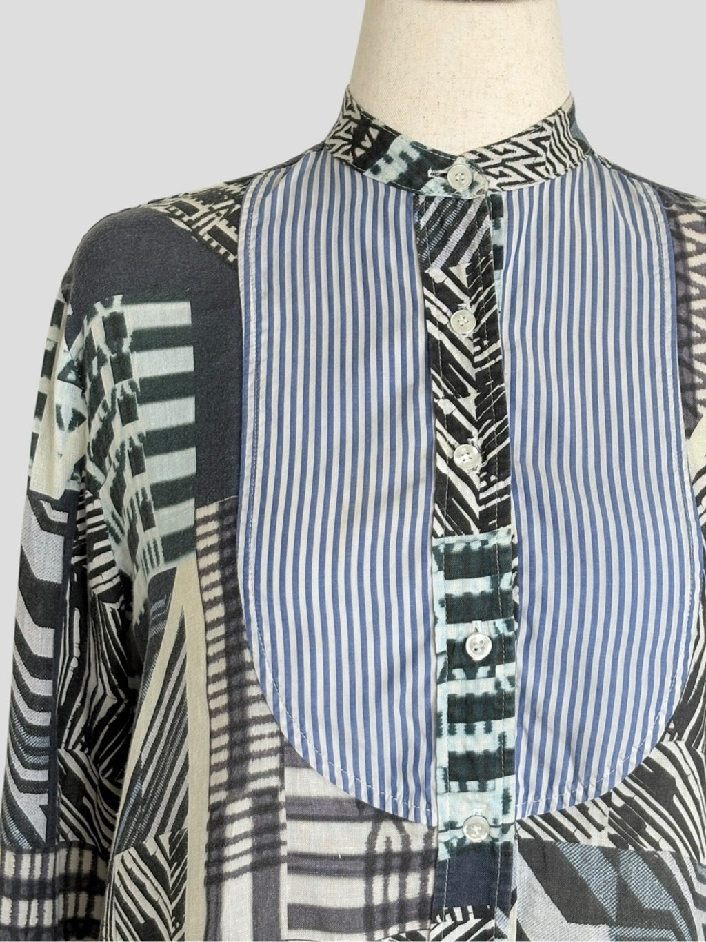 90s KOCH Shirt Dress Patchwork Bib Mixed Print Cotton M Art to Wear Boho Chick
