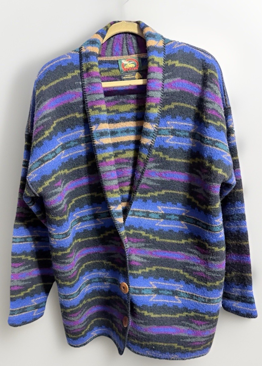 VTG Alps Fine Womens Apparel 100% Pure Wool Felted Blue Aztec Pattern Button Up
