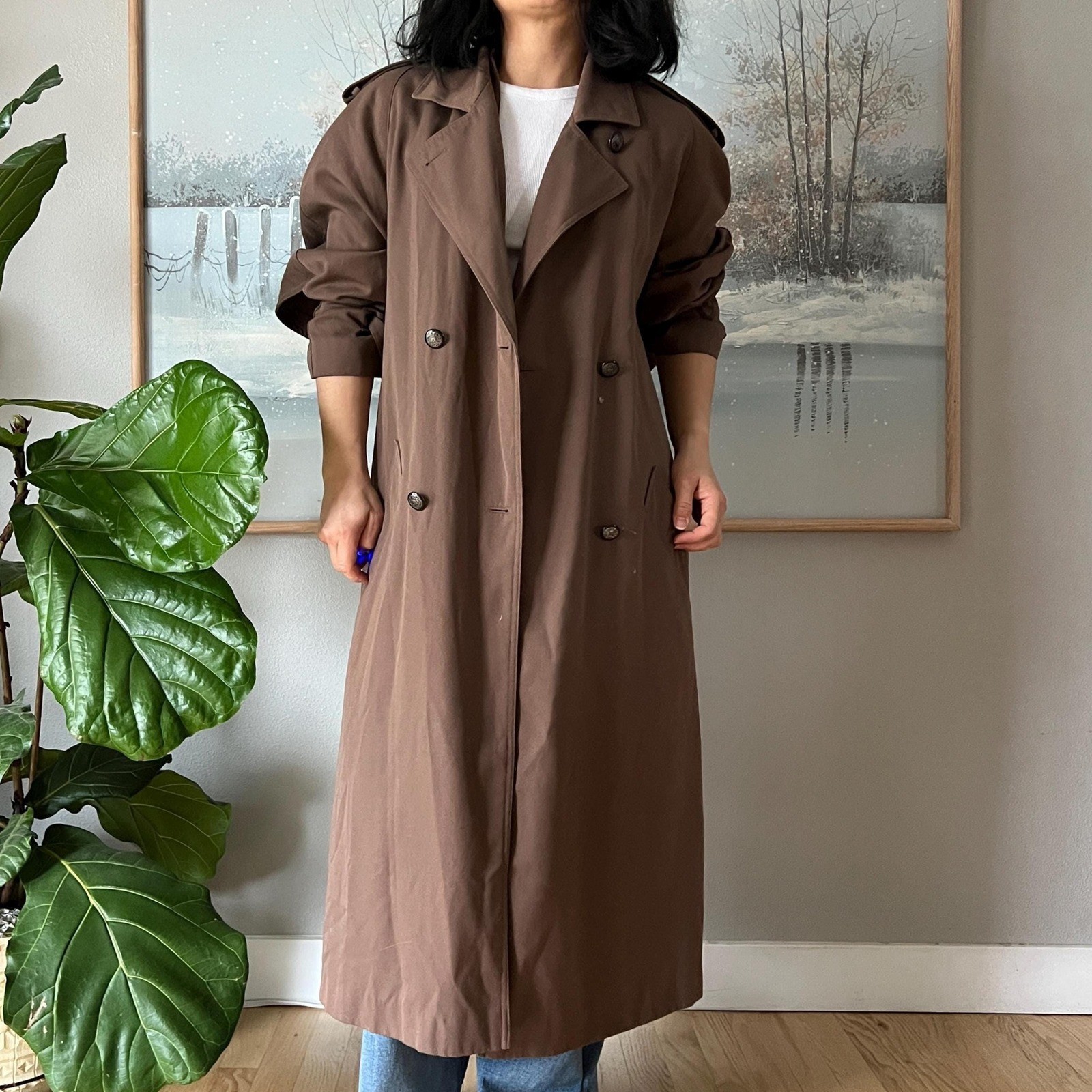 Vintage Brown Trench Coat Minimalist Long Coat Classic Oversized 90s Chic