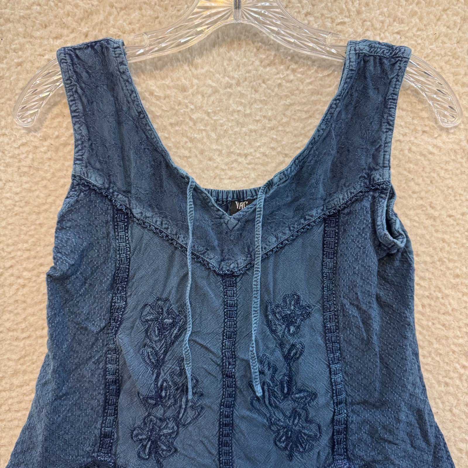 Y2K Vintage Top Small Blue Chambray Embroidered Floral Boho Bohemian Hippie