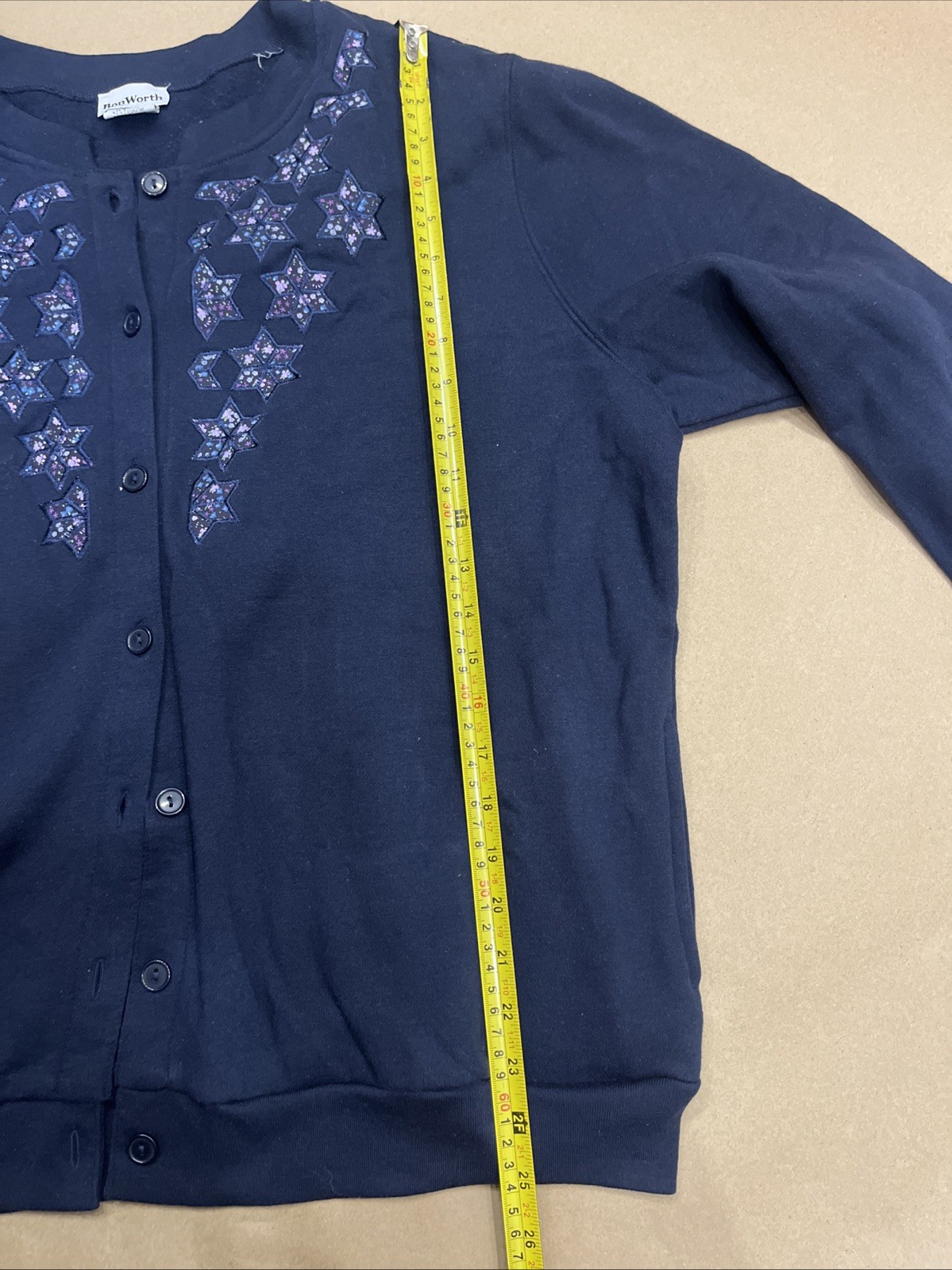 Vintage BonWorth Snowflake Embroidered Cardigan Women Navy Grandma Size Large
