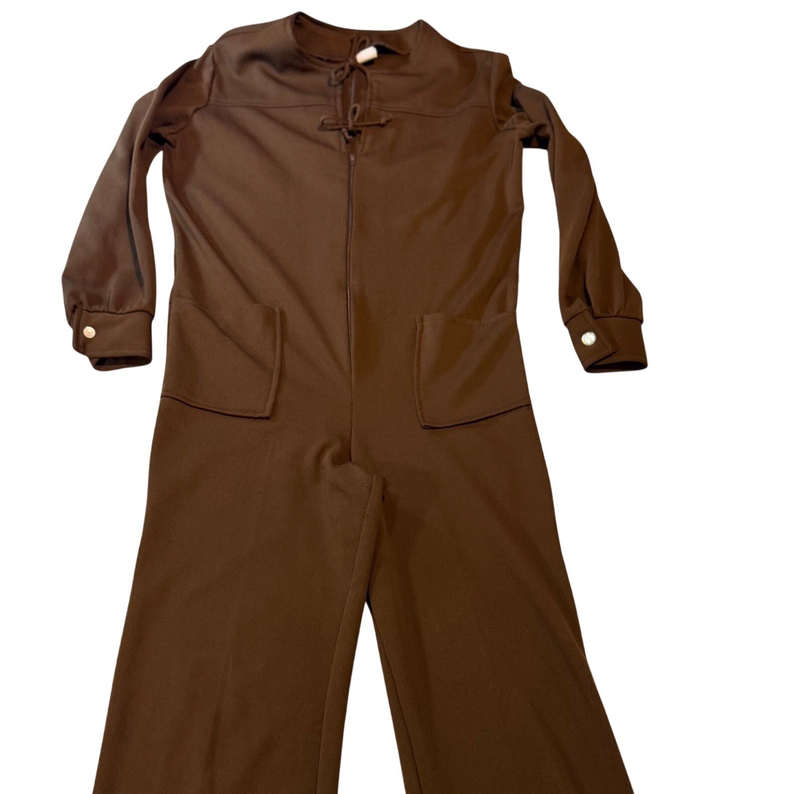 Vintage 70s Brown Polyester Zip Front Wide Leg Jumpsuit Tie Neck kitschy Size 10