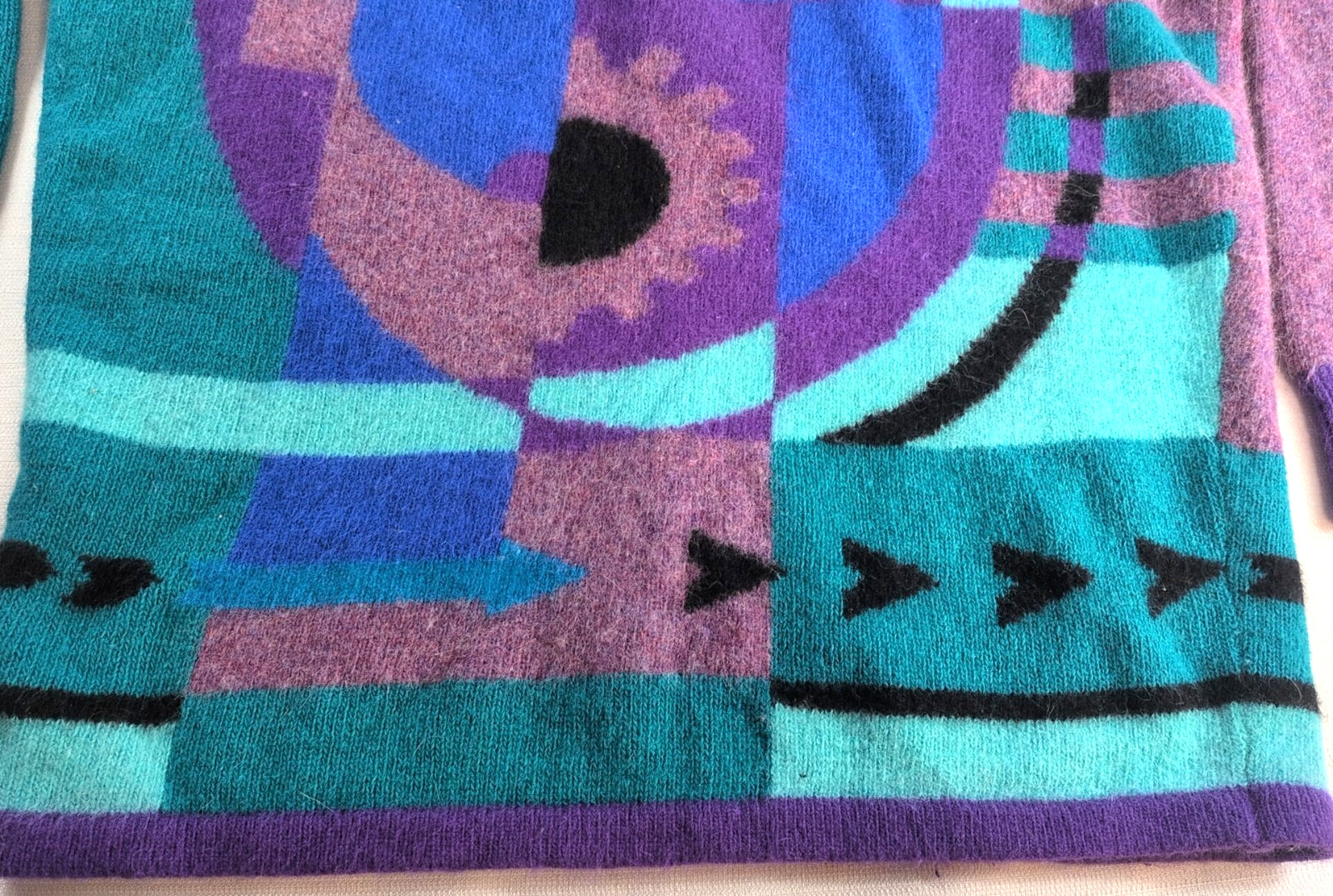 Vintage Wool Sweater Angora Rabbit Fur Abstract Purple 1991 Joy+Fun Hong Kong