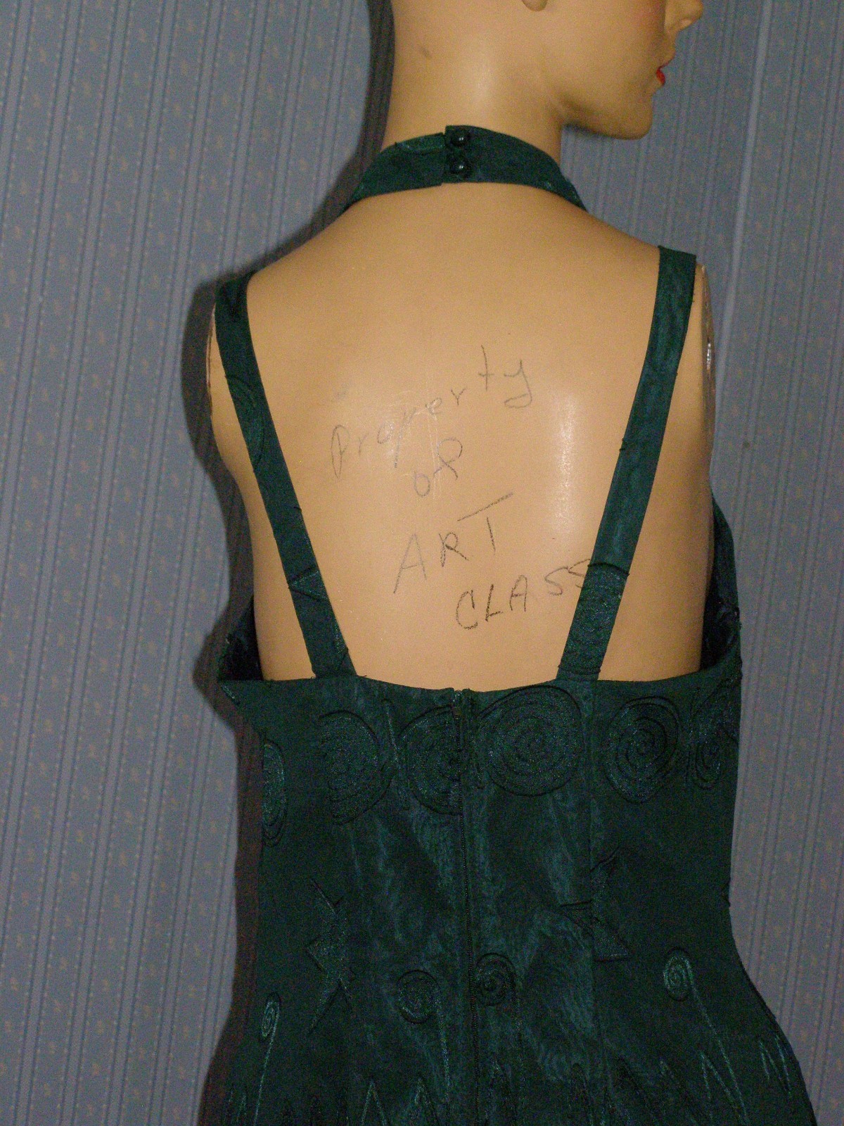 Vintage 90&rsquo;s forest green EMBOSSED SHAPES evening dress M L TRIBAL art deco