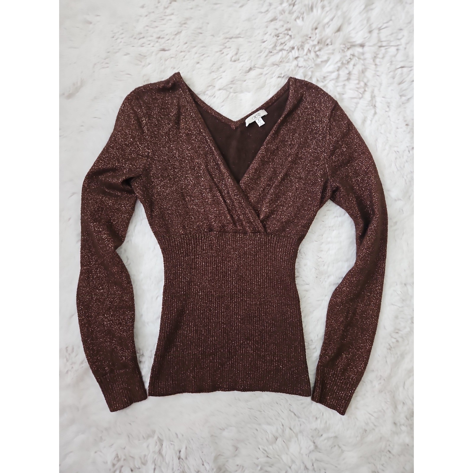 Caché Metallic Knit Top M Medium Bronze Brown Glitter Shimmer Wrap Sweater VTG