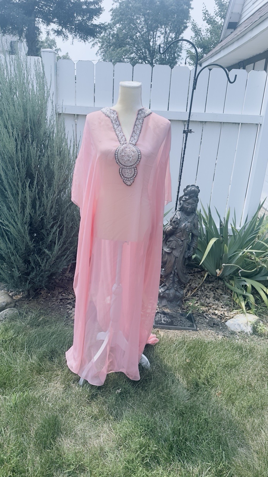 Vintage Hand-Beaded Chiffon Caftan | Blush Pink | 52” Length | 1960’s Glam