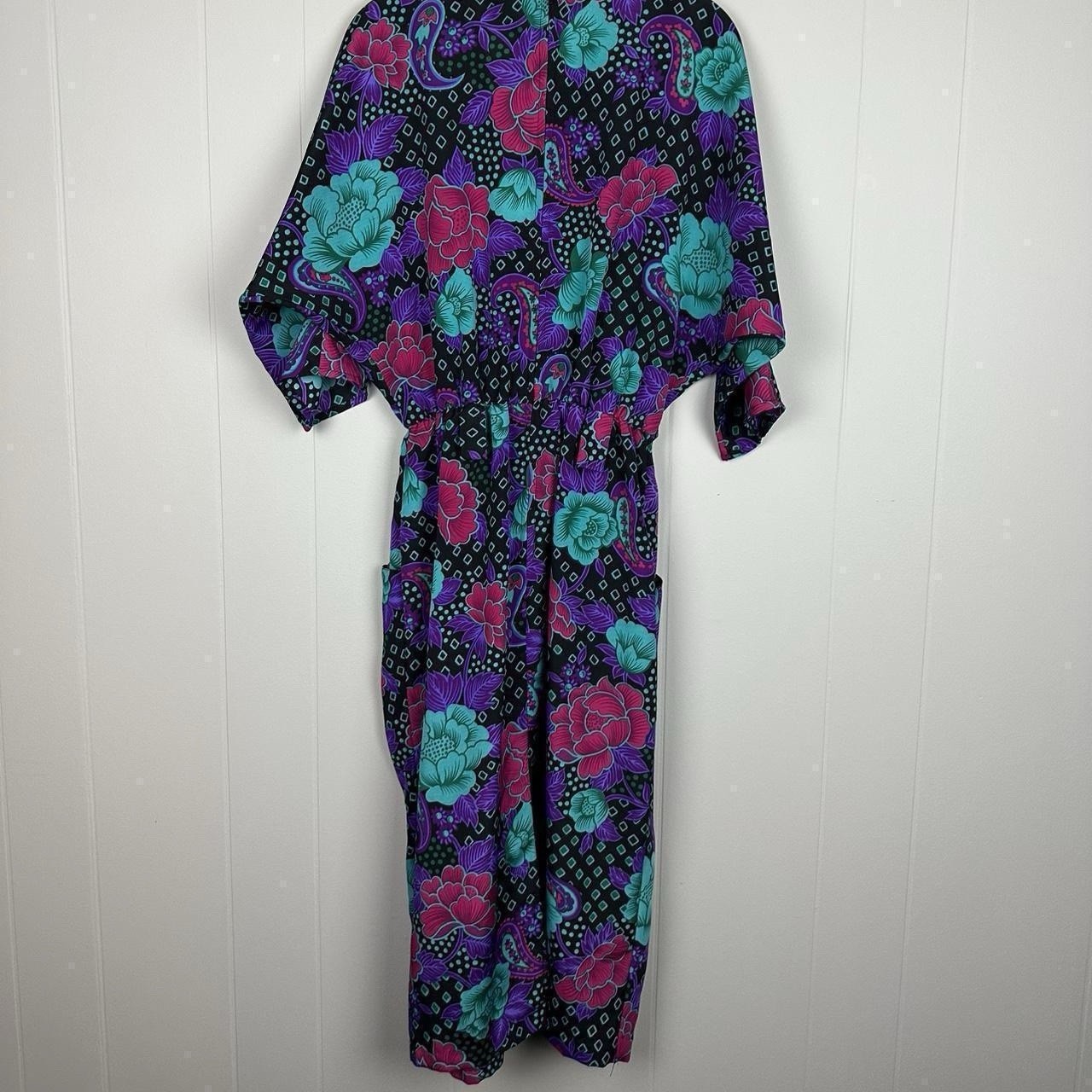 80s purple and black floral print dress with 3/4 sleeves