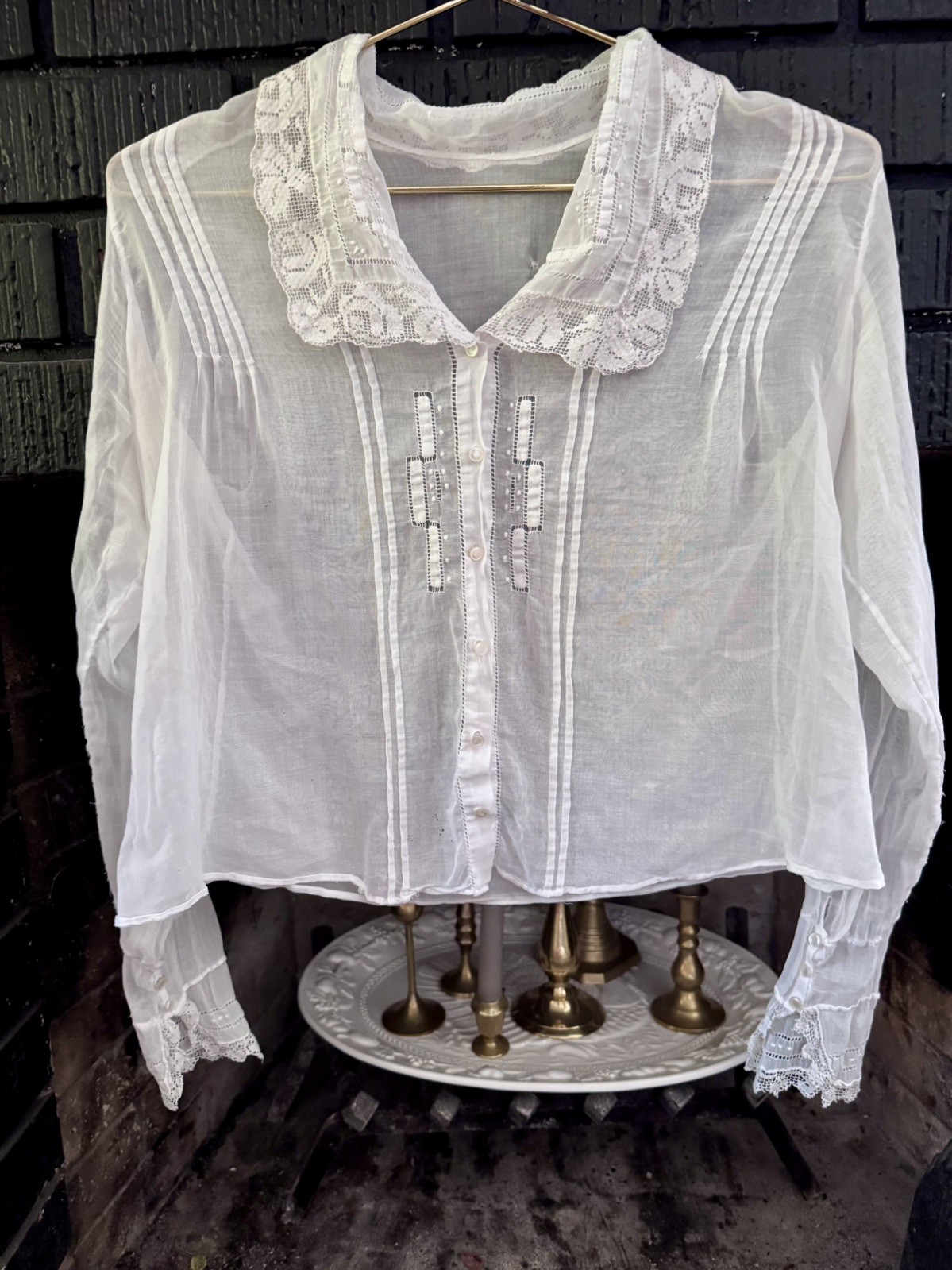 Vtg Victorian Lace Antique Blouse Sheer Embroidered 1920’s Edwardian Size 38