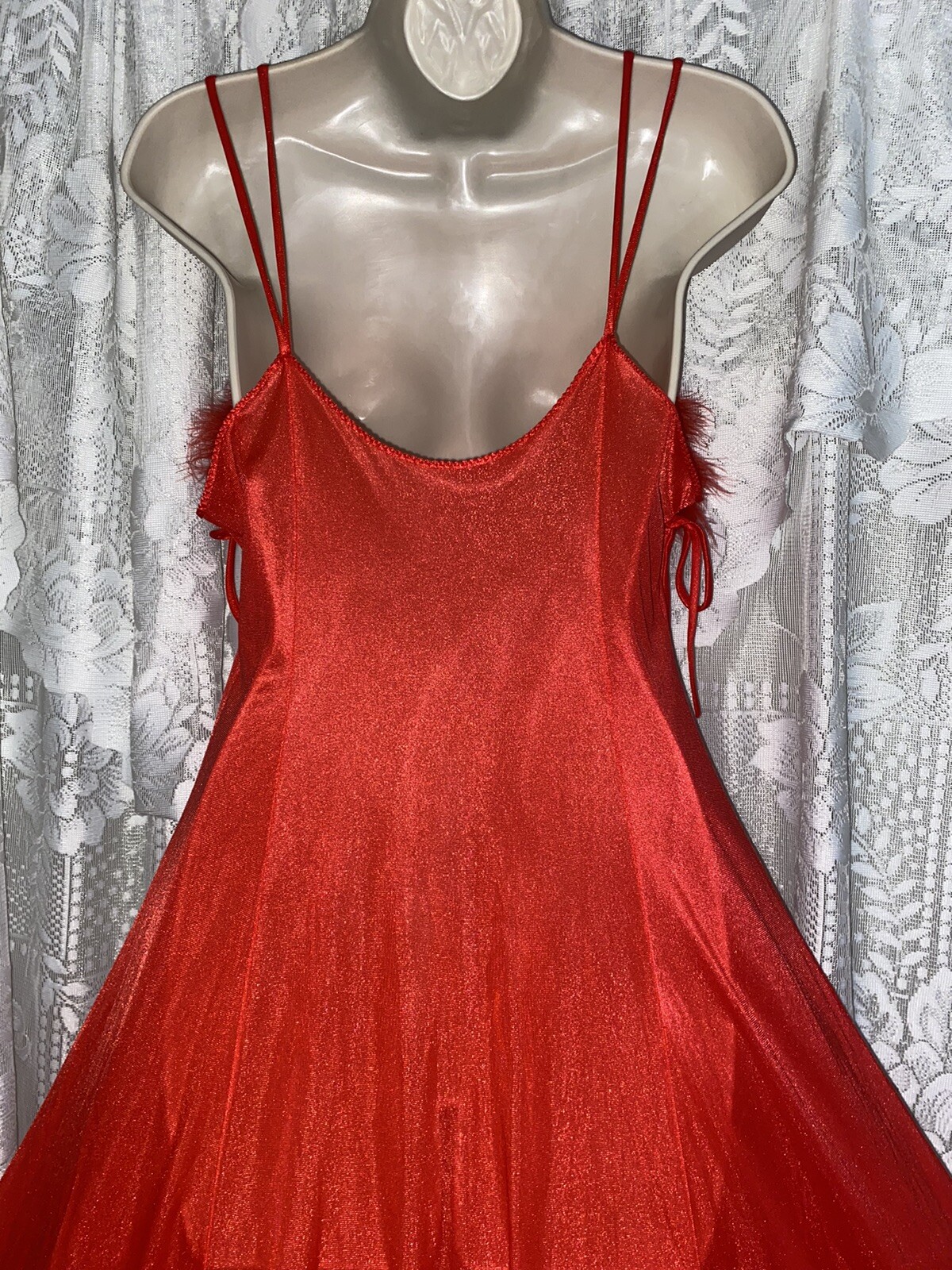 VTG M TRUE RED Nylon Full Sweep Glamour Nightgown Negligee w Real Marabou Trim