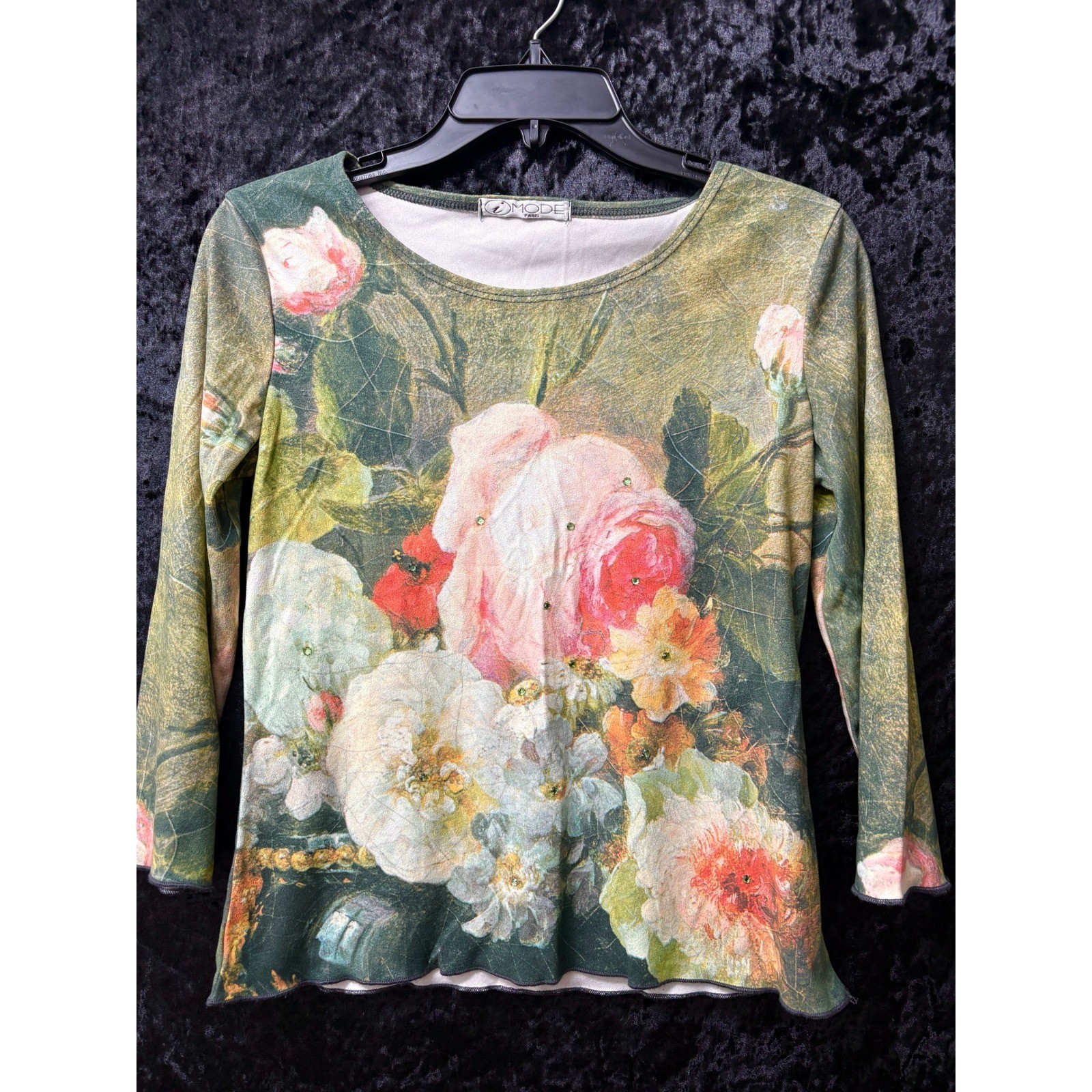 Vtg iMode Paris Floral Top Womens S Artsy 3/4 Sleeve Y2K Cottagecore Rhinestone