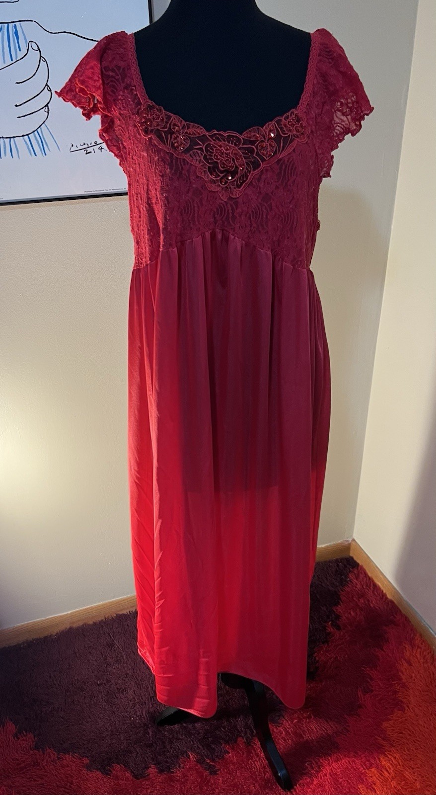 Vtg Olga Style Lace Full Sweep Adonna Nightgown Silky Red Plus 3XL USA