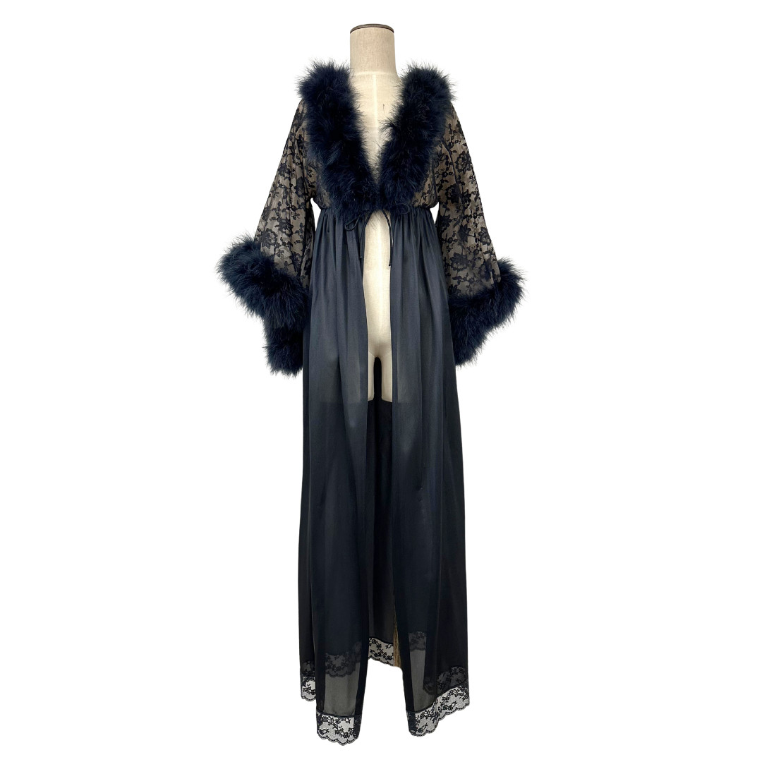 Vintage 1960s Jenelle Black Marabou Feather and Nude Illusion Lace Peignoir Robe