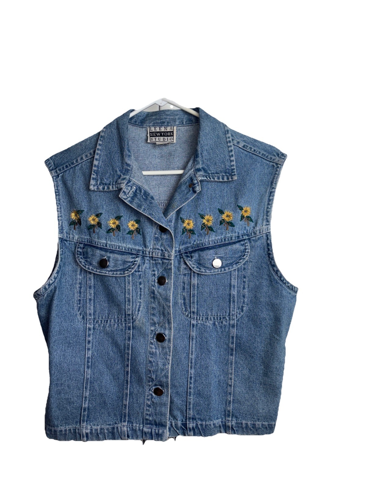 Vintage Blue Denim Vest Embroidered Sunflowers 90’s Leena New York S Mom Style