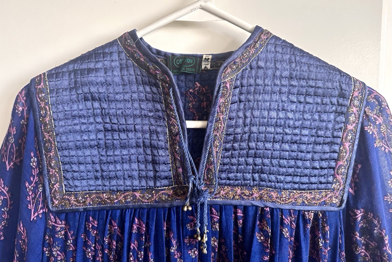 Vintage 70s Phool Style Indian Thin Cotton Blue Purple Dress Boho Hippie Sz M