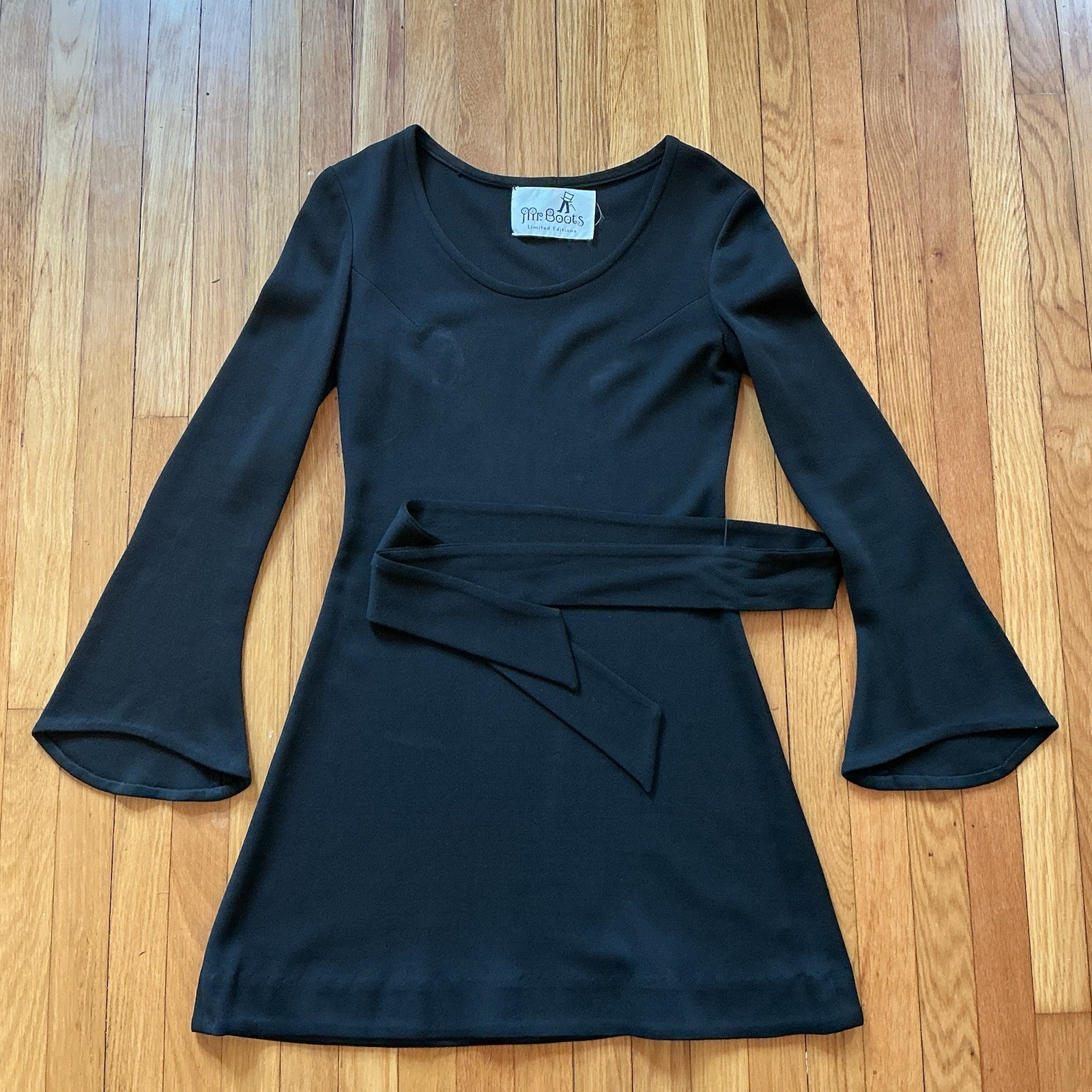 Vintage Black Minidress Bell Sleeves Mr. Boots 60s Mod Witchy LBD Boho Dress S