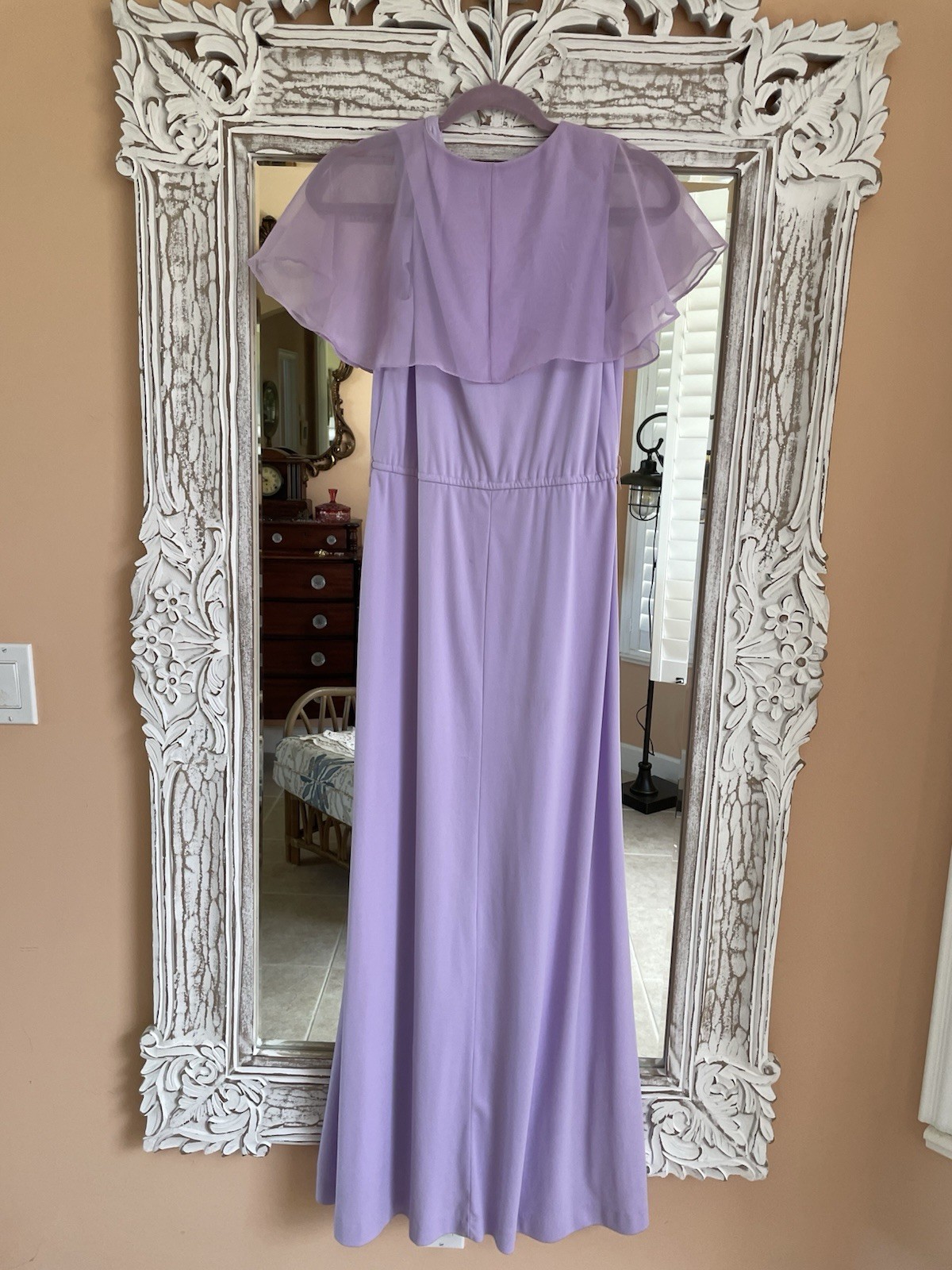 Vintage 70s Sheer Poly Lavender Sleeveless Flutter Cape Maxi Dress S/M