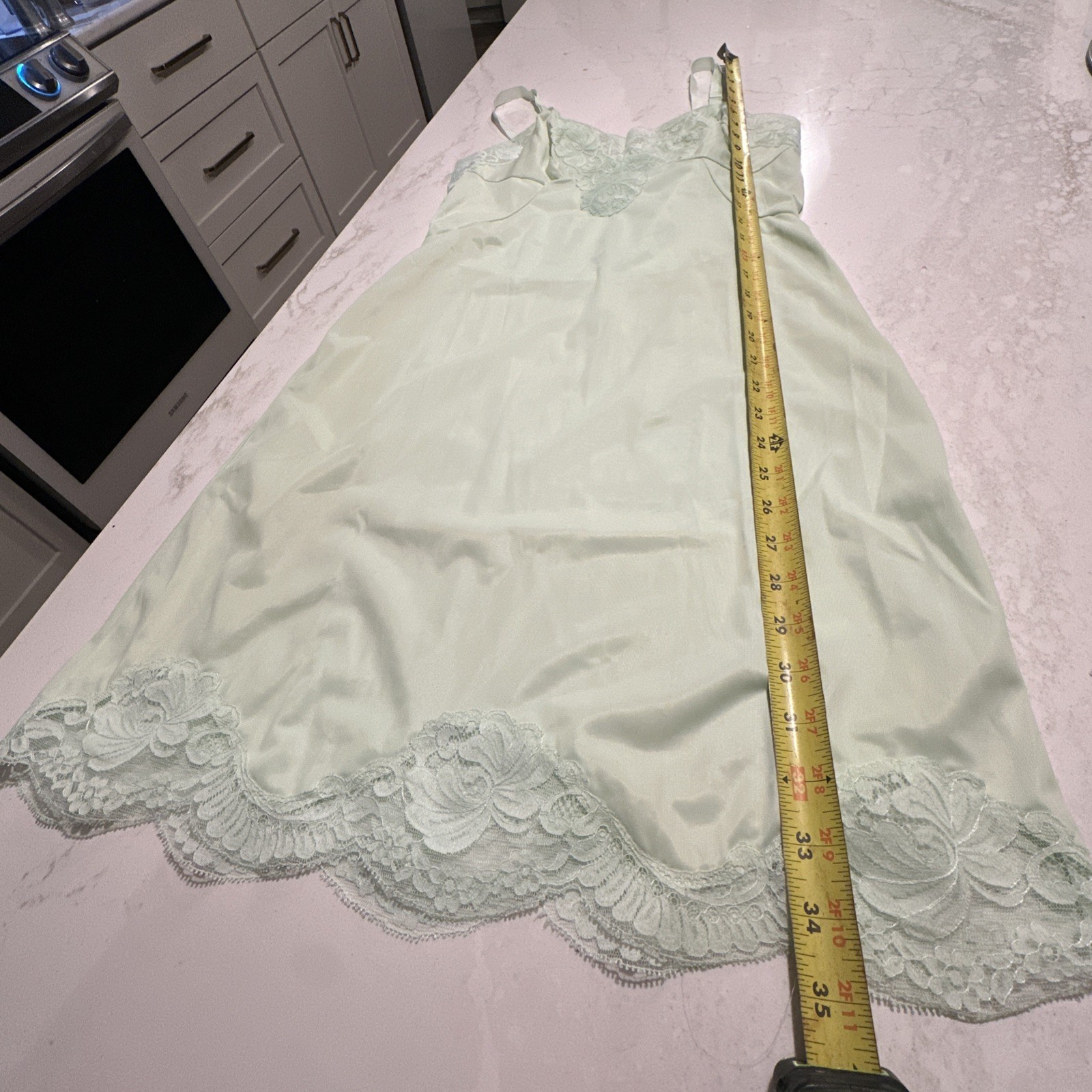 Vintage 70s Sears slip polyester negligee SZ 32 S Lt green Lace Adj Straps
