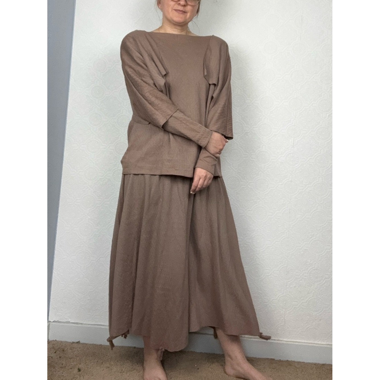 Vintage 80s Lagenlook 2 Piece Set Brown Textured Skirt Avant Garde Minimalist