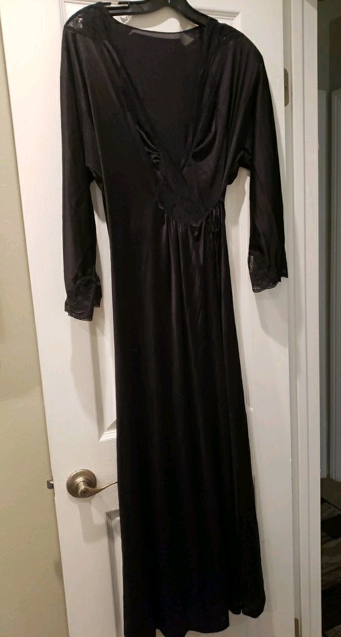 Vintage Silky Black Wrap Around Long Nightgown Hollywood Core Glamour