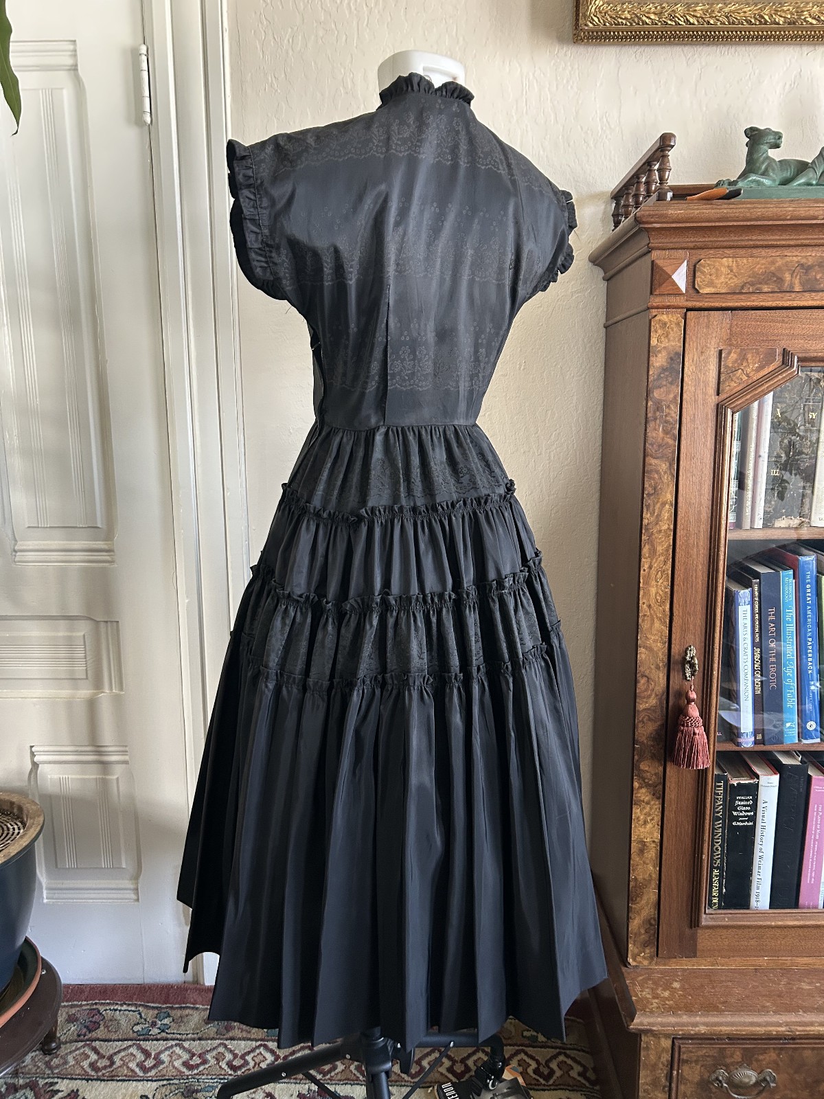 Vtg 40s 1950s Black High Neck Party Tea Party Dress Gothic Ruffle Full Skirt 27W