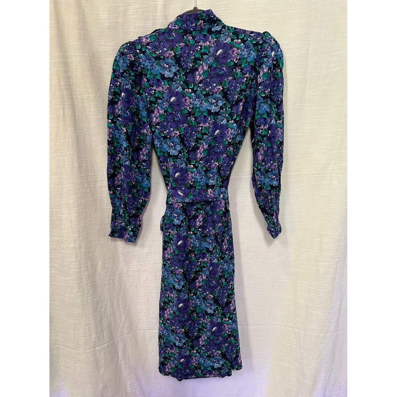 Vintage Circa 1980&rsquo;s Floral Midi Dress in Purple & Teal with Bow Tie Waist