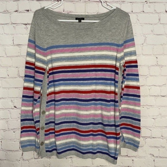Talbots Gray Multi Stripe Side Button BateauNeck Sweater Women M Vietnam