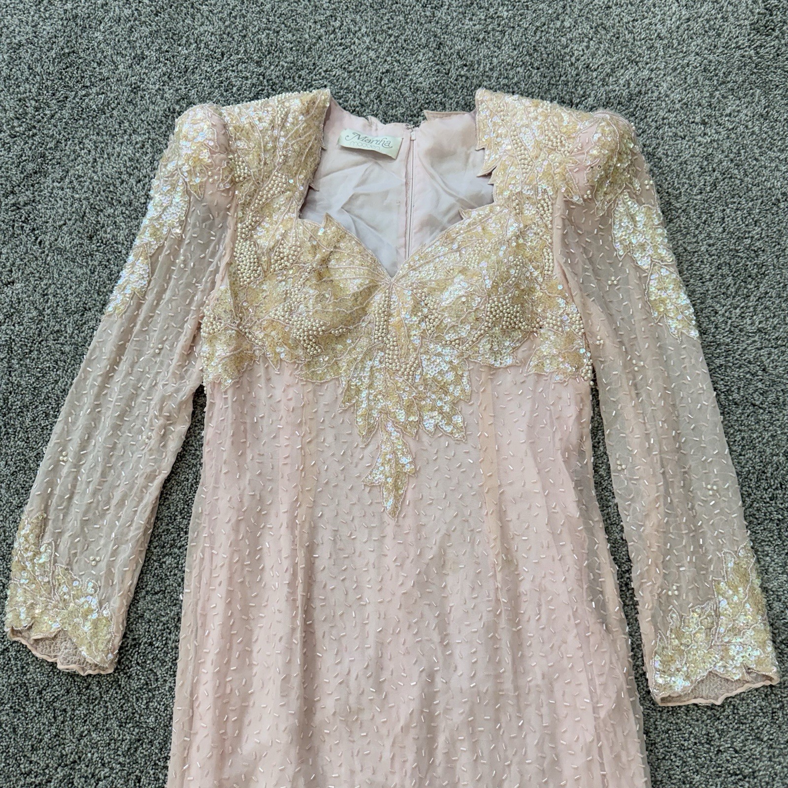 Vintage Martha Madden Light Peach Beaded Sequin Maxi Formal Dress Lined Women S